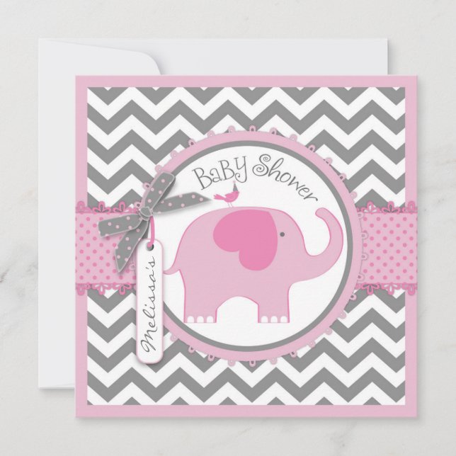 Invitación Elefante rosa y Baby Shower impreso en chevron (Anverso)