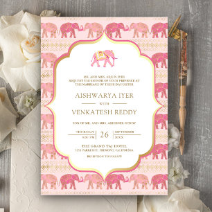 Invitación Elefante Rosa y Dorado Todo en Uno Boda India