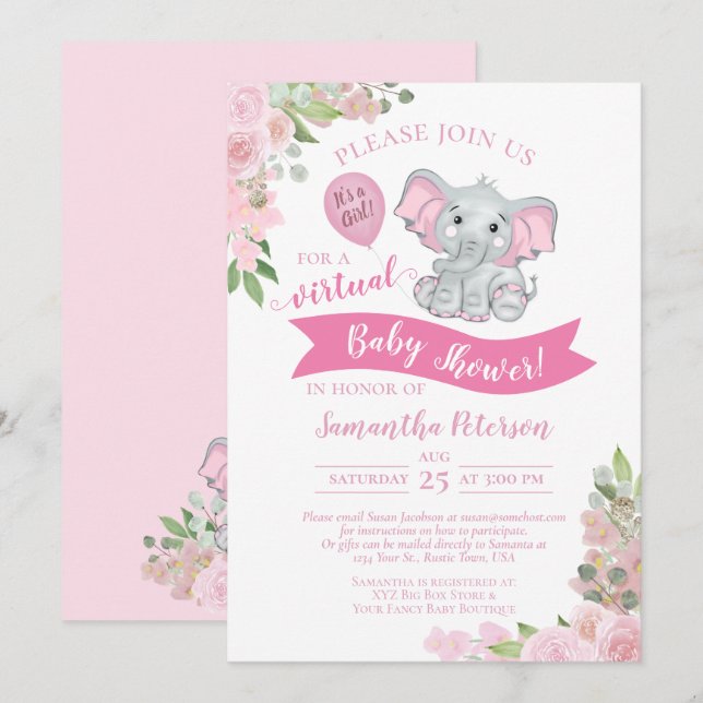 Invitación Elefante rosa y ducha de bebé virtual floral (Anverso / Reverso)