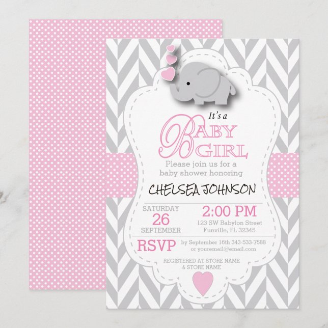 Invitación Elefante rosa y gris blanco 🐘 Baby Shower (Anverso / Reverso)