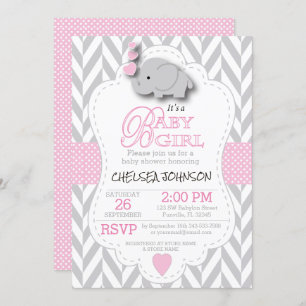 Invitación Elefante rosa y gris blanco 🐘 Baby Shower