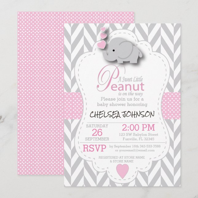Invitación Elefante rosa y gris blanco 🐘 Baby Shower 2 (Anverso / Reverso)