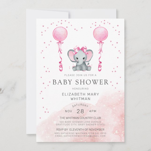 Invitación Elefante rosado Baby Shower de Stardust de la (Anverso)