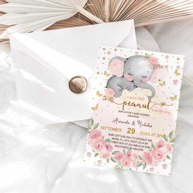 Invitación Elefante Rubor Botánico Pink Baby Shower (Subido por el creador)