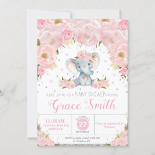 Invitación Elefante Rubor Floral Baby Shower Plata Brillante