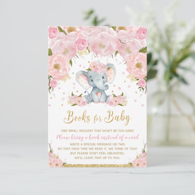 Invitación Elefante Rubor Pink Floral Books para bebé (Anverso de pie)