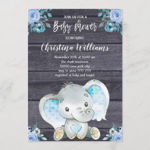 Invitación Elefante ruso Floral Azul Baby Shower
