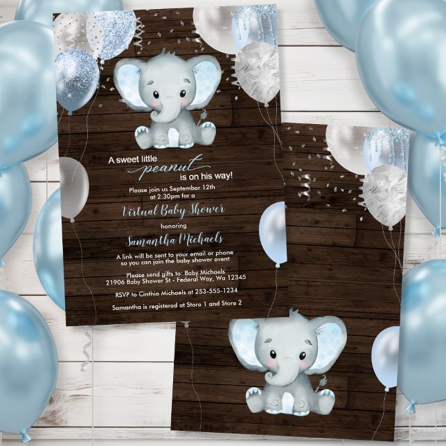 Invitación Elefante ruso globaliza Baby Shower virtual (Rustic Elephant Boy Balloons Virtual Baby Shower Invitation)