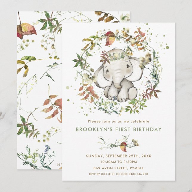 Invitación Elefante Rústico Cae Leafy Sexo Nacimiento Neutral (Anverso / Reverso)