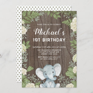 Invitación Elefante Rústico Verdor Primer Fiesta de Cumpleaño