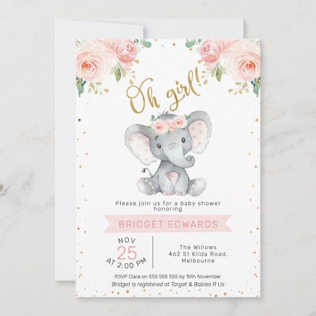 Invitación Elefante Safari de Chica Rosa Dorado Baby Shower (Anverso)