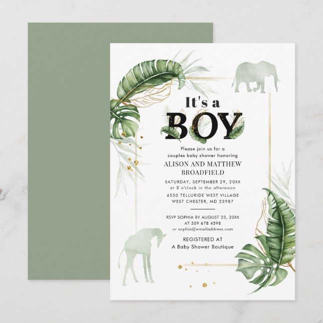 Invitación Elefante Safari Giraffe Boys Botánicos Baby Shower (Anverso / Reverso)