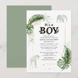 Invitación Elefante Safari Giraffe Boys Botánicos Baby Shower