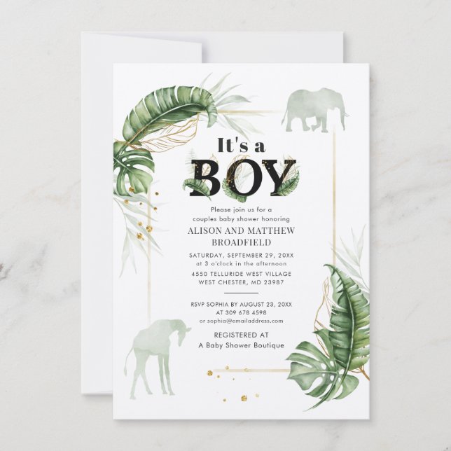 Invitación Elefante Safari Giraffe Niño Botánico Baby Shower (Anverso)