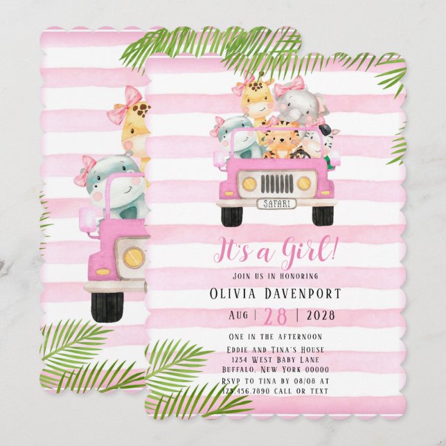 Invitación Elefante Safari lindo y Chica Baby Shower (Anverso / Reverso)