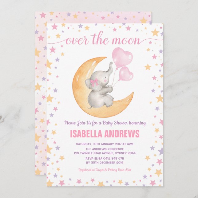 Invitación Elefante sentado en la luna Baby Shower / Estrella (Anverso / Reverso)