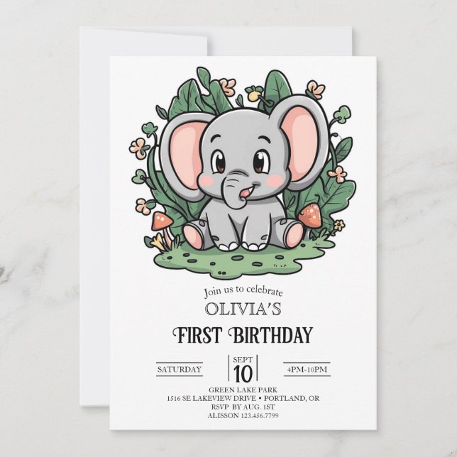 Invitación Elefante Simple 1er Cumpleaños Digital (Anverso)