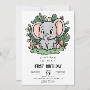 Invitación Elefante Simple 1er Cumpleaños Digital