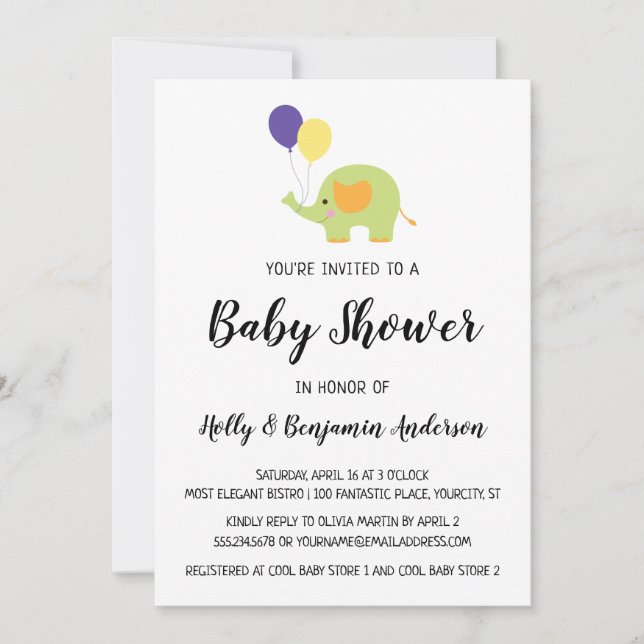 Invitación Elefante simple para ducha de bebé con globos (Anverso)