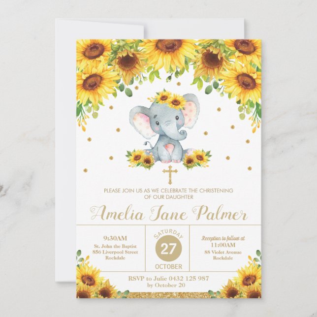 Invitación Elefante Sunflower Floral Christening Baptism Chic (Anverso)