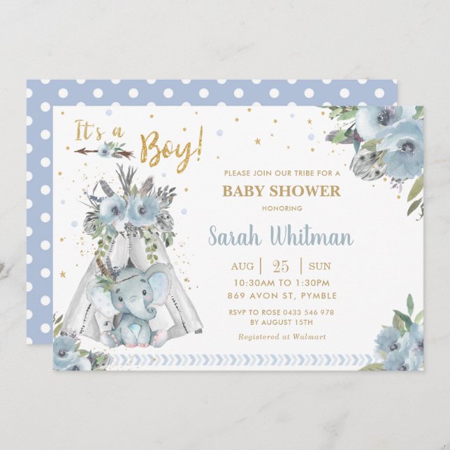 Invitación Elefante tribal Blue Gold Boy Baby Shower (Anverso / Reverso)