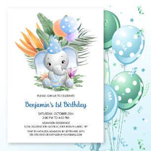Invitación Elefante Tropical Blue Baby Fiesta
