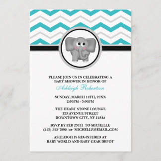 Invitación Elefante Turquesa Chevron gris Baby Shower