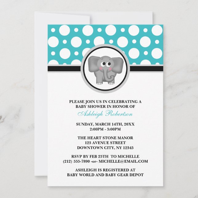 Invitación Elefante Turquoise Polka Dot Baby Shower (Anverso)