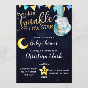 Invitación Elefante Twinkle Luna y Baby Shower Stars