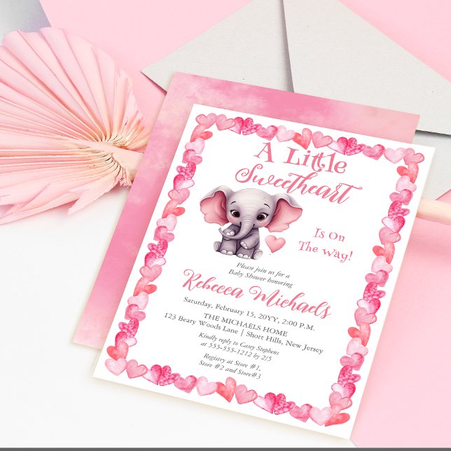 Invitación Elefante Un Pequeño Chica  Baby Shower (Pink Hearts | Elephant "A Little Sweetheart Is On The Way" Girl Baby Shower Invitation)