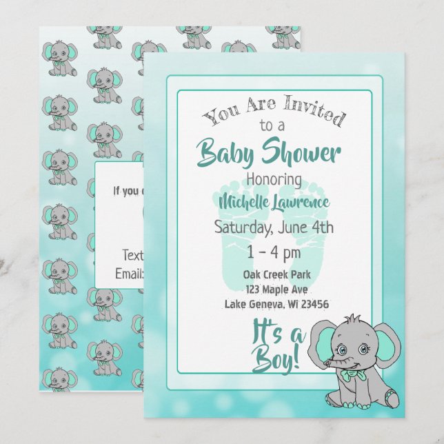 Invitación Elefante verde azulado Baby Shower (Anverso / Reverso)