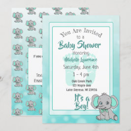 Invitación Elefante verde azulado Baby Shower