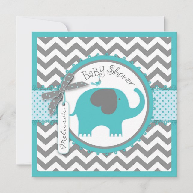 Invitación Elefante verde azulado Chevron Imprimir Baby Showe (Anverso)