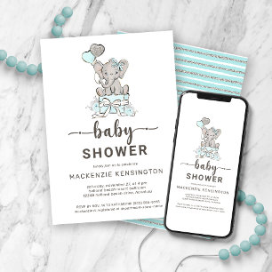 Invitación Elefante Verde azulado plateado suave Baby Shower