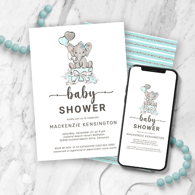 Invitación Elefante Verde azulado plateado suave Baby Shower (Subido por el creador)