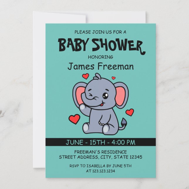 Invitación elefante Verde azulado vector ligero lindo Baby Sh (Anverso)