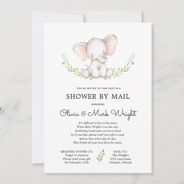 Invitación Elefante verde Baby Shower por correo (Anverso)