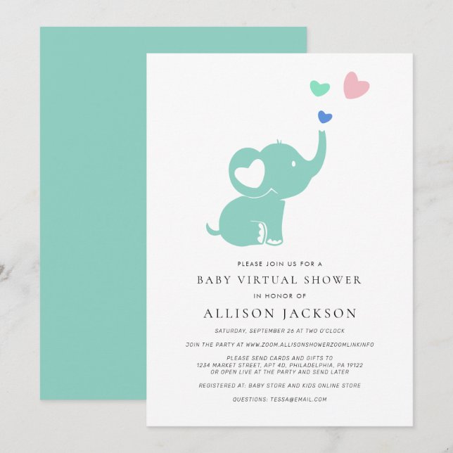 Invitación Elefante verde de la fábrica de ducha virtual míni (Anverso / Reverso)