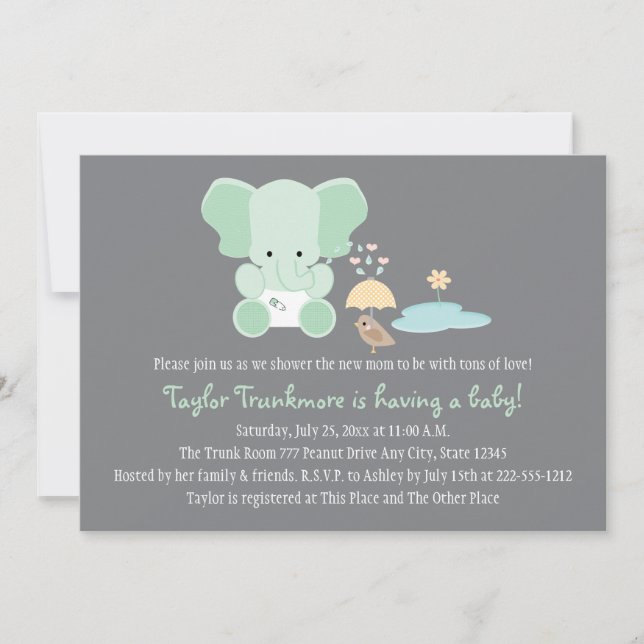 Invitación Elefante verde de la Fábrica de Pájaros Pequeños B (Anverso)