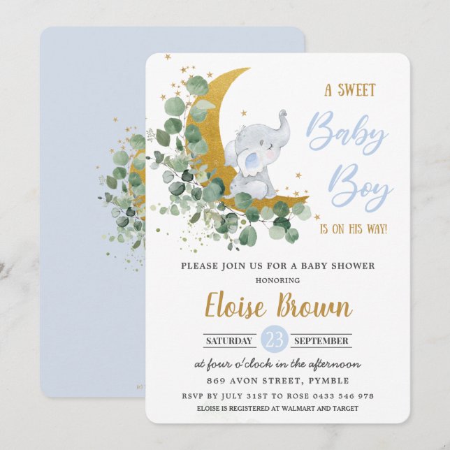Invitación Elefante verde Luna Dulce Bebé Ducha  (Anverso / Reverso)