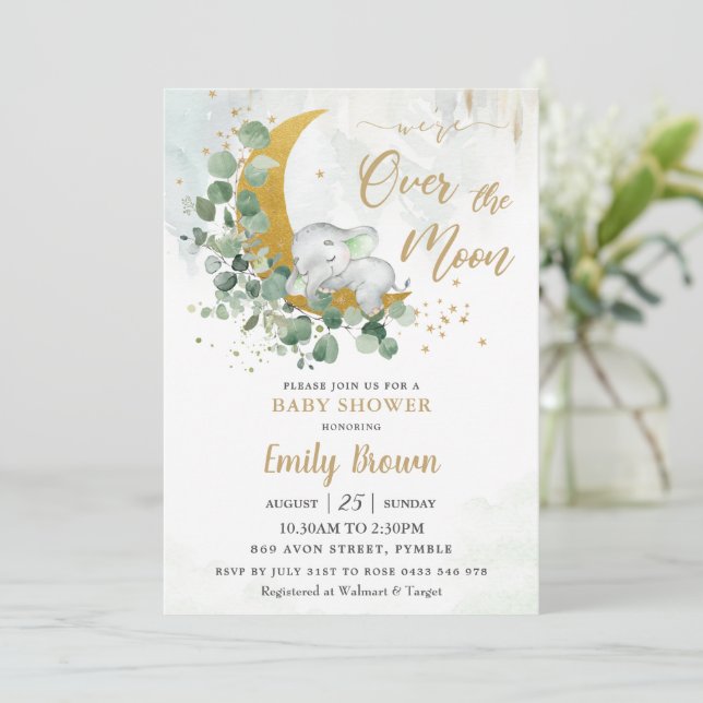 Invitación Elefante verde Luna Género Neutral Baby Shower  (Anverso de pie)
