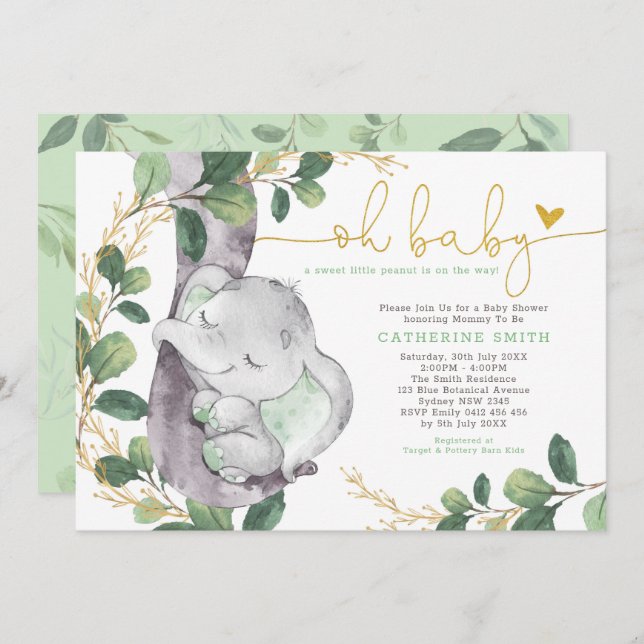Invitación Elefante verde moderno Baby Shower de oro verde (Anverso / Reverso)