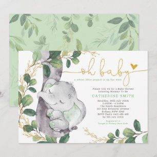 Invitación Elefante verde moderno Baby Shower de oro verde