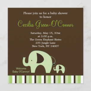 Invitación Elefante verde (Neutral de niño o Chica) 5x5 Invit