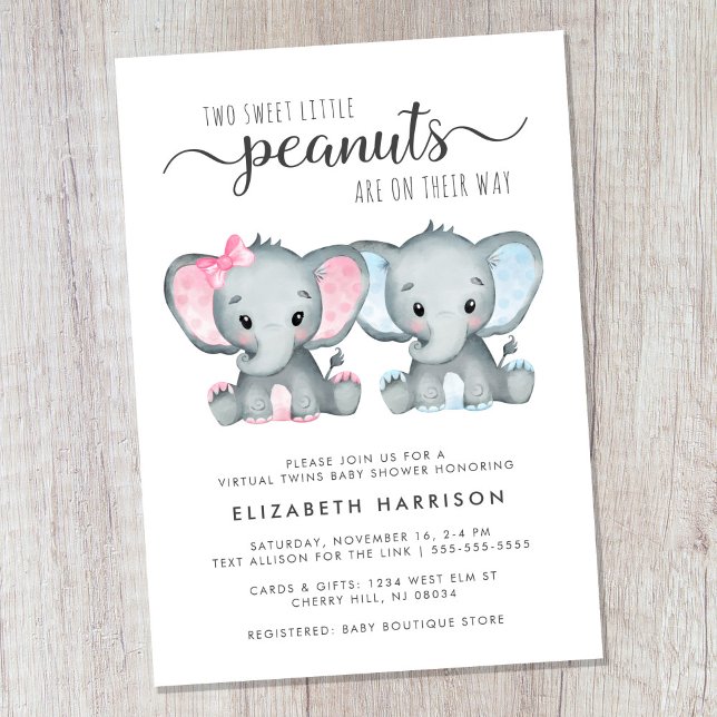 Invitación Elefante virtual Chica gemelo Baby Shower (Cute twin boy and girl virtual baby shower invitation)
