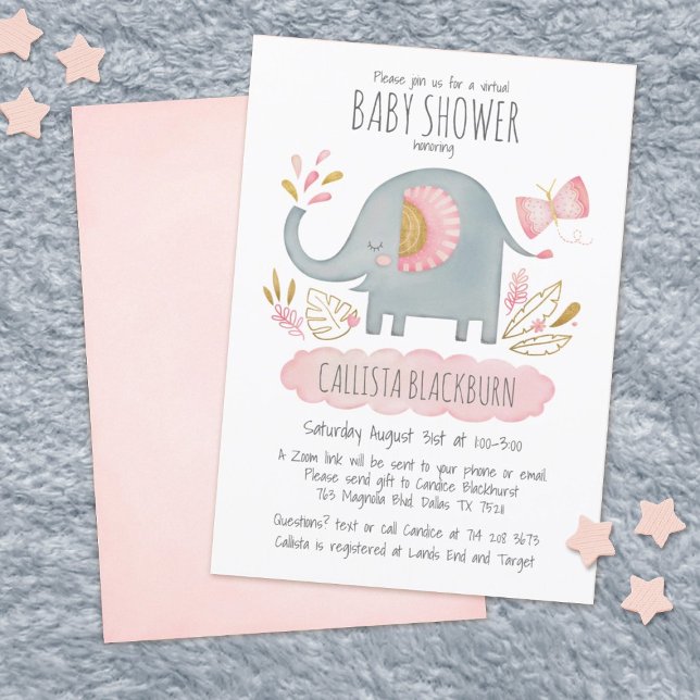Invitación Elefante virtual Cute Rubor Chica rosa Baby Shower (Subido por el creador)