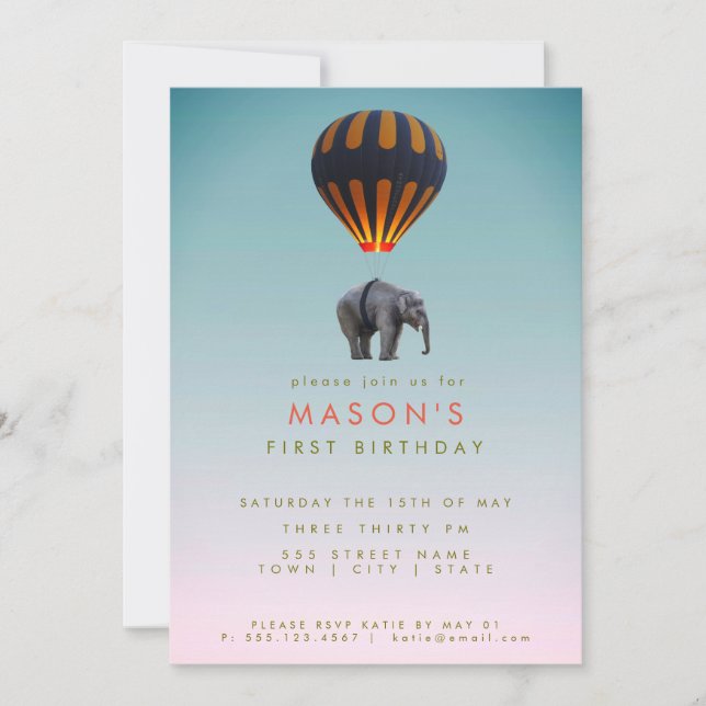Invitación Elefante y globo de aire caliente| Fiesta de cumpl (Anverso)