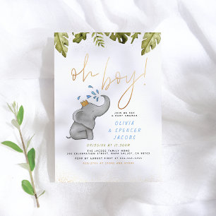 Invitación Elefante y vegetación de la jungla oro Oh Boy Baby