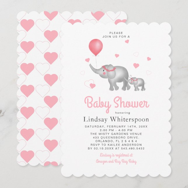 Invitación Elefantes acuarelas y Baby Shower Chica del corazó (Anverso / Reverso)