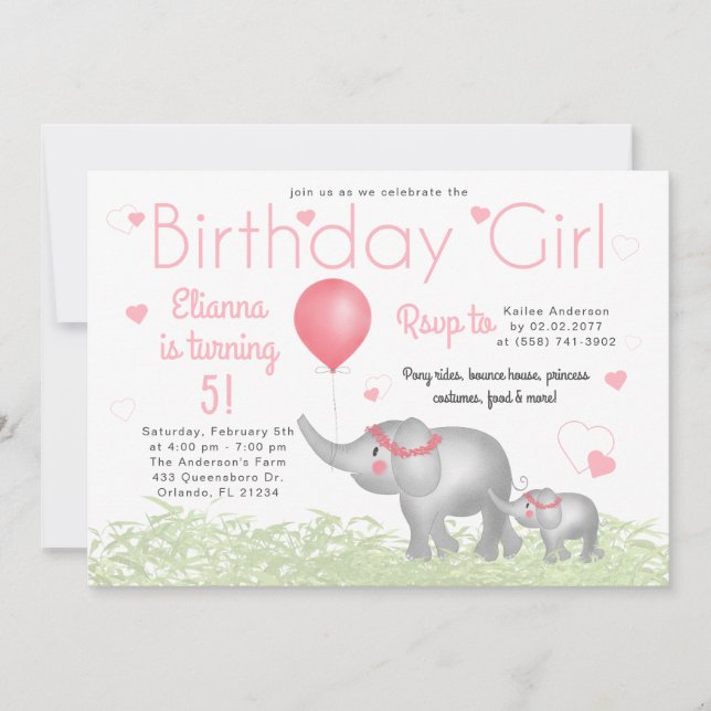 Invitación Elefantes acuarelas y Chica de cumpleaños de coraz (Anverso)